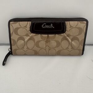 Coach Long Wallet Signature Satin Jacquard Brown Zip Around
